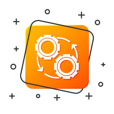 Beyaz dişli ve beyaz arka planda izole iş akışı süreci kavramı simgesi olarak oklar. Dişli yeniden işareti. Turuncu kare düğmesi. Vektör Illustration