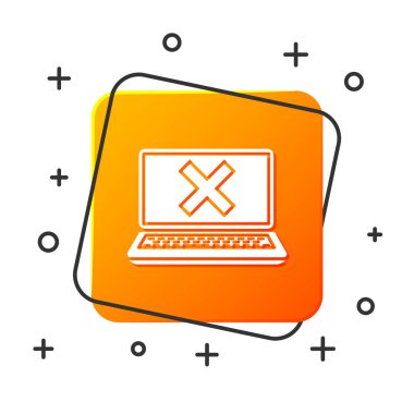 Beyaz dizüstü ve beyaz arka planda izole ekran simgesi çapraz işareti. Hata penceresi, çıkış düğmesi, iptal, 404 hata sayfası kavramı bulunamadı. Turuncu kare düğmesi. Vektör Illustration