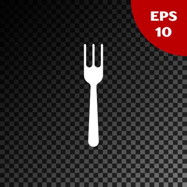 Beyaz çatal simgesi şeffaf koyu arka planda yalıtılmış. Çatal bıçak sembolü. Vektör Illustration