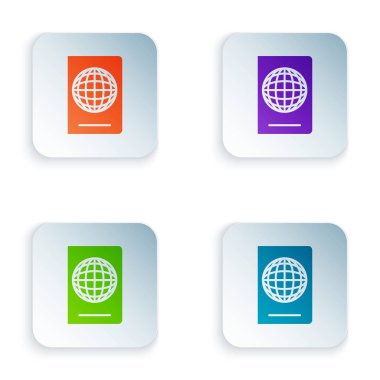 Beyaz arka planda izole edilmiş biyometrik veri simgesiyle renkli pasaport. Kimlik belgesi. Renkli kare düğmeleri simgeleri ayarlayın. Vektör Illustration