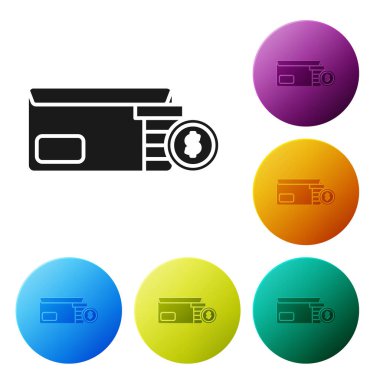 Siyah zarf jeton dolar sembol simgesi beyaz arka planda izole. Maaş artışı, para bordro, tazminat geliri. Simgeler renkli daire düğmelerini ayarlayın. Vektör Illustration