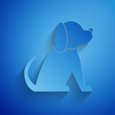 Kağıt kesme köpek simgesi mavi arka planda izole. Kağıt sanatı tarzı. Vektör Illustration