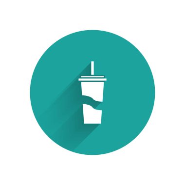 Saman içen beyaz kağıt bardak ve uzun gölgeli su ikonu. Soda bardağı. Taze soğuk içecek sembolü. Yeşil daire düğmesi. Vektör İllüstrasyonu