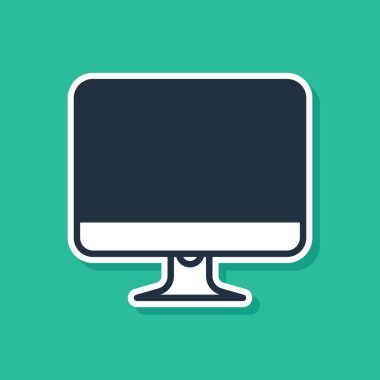Mavi bilgisayar monitör ekran simgesi yeşil arka planda izole. Elektronik cihaz. Ön görünüm. Vektör Illustration