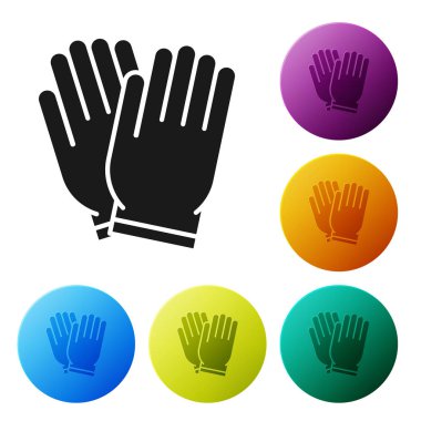 Siyah Bahçe eldiven simgesi beyaz arka plan üzerinde izole. Kauçuk eldiven işareti. Tarım el koruma, eldiven güvenliği. Simgeleri renkli daire düğmeleri ayarlayın. Vektör İllüstrasyonu