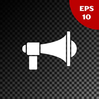 Beyaz megafon simgesi şeffaf koyu arka planda izole. Yüksek sesle konuşma uyarısı kavramı. Ağızlık için Bullhorn çığlık promosyonu. Vektör Illustration