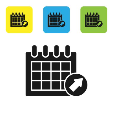 Siyah takvim simgesi beyaz arka planda yalıtılmış. Olay hatırlatma sembolü. Set simgeleri renkli kare düğmeler. Vektör Illustration