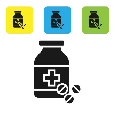 Siyah tıp şişe ve hap simgesi beyaz arka planda izole. Şişe hap işareti. Eczane tasarımı. Set simgeleri renkli kare düğmeler. Vektör Illustration