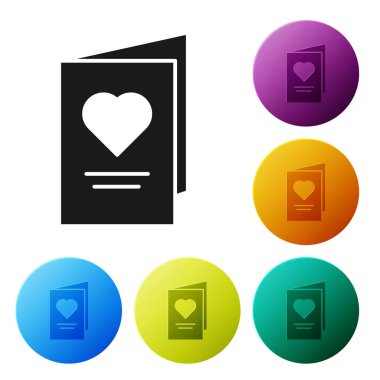 Siyah Sevgililer günü parti Flyer beyaz arka planda izole kalp simgesi ile. Davetiye veya tebrik kartı için kutlama poster şablonu. Simgeler renkli daire düğmelerini ayarlayın. Vektör Illustration