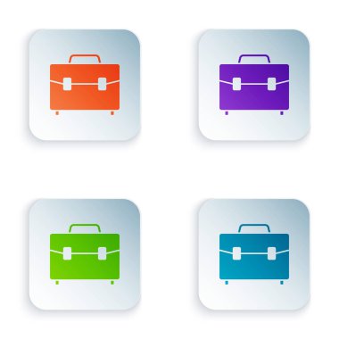 Beyaz arka planda izole renkli evrak çantası simgesi. İş davası işareti. İş portföyü. Renkli kare düğmeleri simgeleri ayarlayın. Vektör Illustration