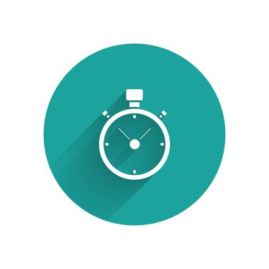 Beyaz Kronometre simgesi uzun gölgeli izole edildi. Zaman göstergesi. Kronometre işareti. Yeşil daire düğmesi. Vektör İllüstrasyonu