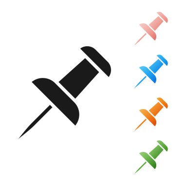 Siyah Pin simgesi beyaz arkaplanda izole edildi. Raptiye işareti. Simgeleri renklendirin. Vektör İllüstrasyonu