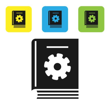 Siyah Kullanıcı manuel simgesi beyaz arka planda yalıtılmış. Kullanım Kılavuzu kitabı. Yönerge işareti. Kullanmadan önce okuyun. Set simgeleri renkli kare düğmeler. Vektör Illustration