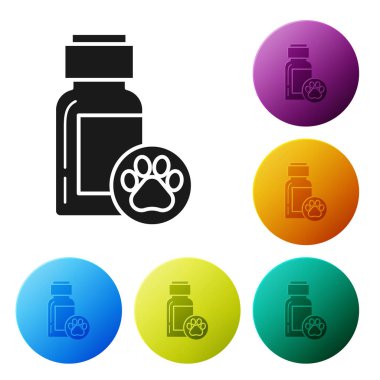 Siyah köpek tıp şişe simgesi beyaz arka planda izole. Hap ile konteyner. Hayvan için reçete ilacı. Simgeler renkli daire düğmelerini ayarlayın. Vektör Illustration