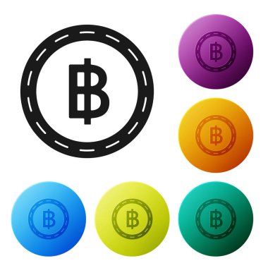 Siyah cryptocurrency sikke Bitcoin simgesi beyaz arka planda izole. Blockchain teknolojisi, Bitcoin, dijital para piyasası, kripoin cüzdanı. Simgeler renkli daire düğmelerini ayarlayın. Vektör Illustration