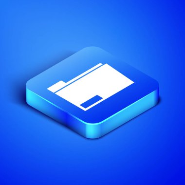 Mavi arka planda yalıtılmış izometrik belge klasör simgesi. Muhasebe bağlayıcı sembolü. Defter tutma yönetimi. Mavi kare düğmesi. Vektör Illustration
