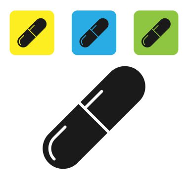 Siyah tıp hap veya Tablet simgesi beyaz arka planda izole. Kapsül hap ve uyuşturucu işareti. Eczane tasarımı. Set simgeleri renkli kare düğmeler. Vektör Illustration