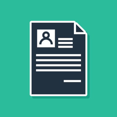 Mavi özgeçmiş simgesi yeşil arka planda yalıtılmış. CV uygulaması. Profesyonel personel aranıyor. Personel Analizi devam ediyor. Vektör Illustration