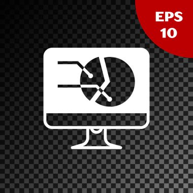 Beyaz bilgisayar monitör grafik grafik simgesi şeffaf koyu arka planda yalıtılmış. Rapor metin dosyası simgesi. Hesap işareti. Denetim, analiz, planlama. Vektör Illustration