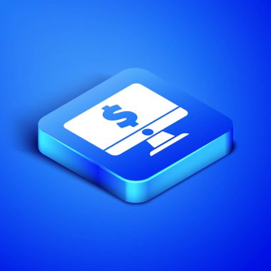 Mavi arka planda izole dolar sembolü simgesi olan izometrik bilgisayar monitörü. Online alışveriş konsepti. Internet, pazarlama kazançlar. Mavi kare düğmesi. Vektör Illustration