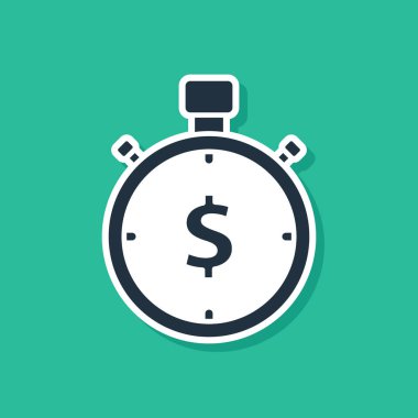 Blue Time, yeşil arka planda izole edilen para simgedir. Para zamanı. Etkili zaman yönetimi. Zaman para dönüştürün. Kronometre işareti. Vektör Illustration