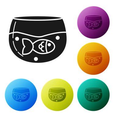 Siyah akvaryum Balık simgesi beyaz arka planda izole. Yuvarlak cam akvaryum. Ev ve evcil hayvanlar için akvaryum. Simgeler renkli daire düğmelerini ayarlayın. Vektör Illustration