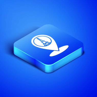 Mavi arka planda izole Eyfel Kulesi simgesi ile izometrik harita işaretçisi. Fransa Paris simge sembolü. Mavi kare düğmesi. Vektör Illustration