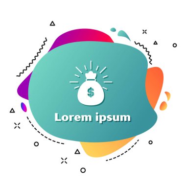 Beyaz para çantası simgesi beyaz arka planda yalıtılmış. Dolar veya USD sembolü. Nakit bankacılık para birimi işareti. Sıvı şekiller ile soyut afiş. Vektör Illustration