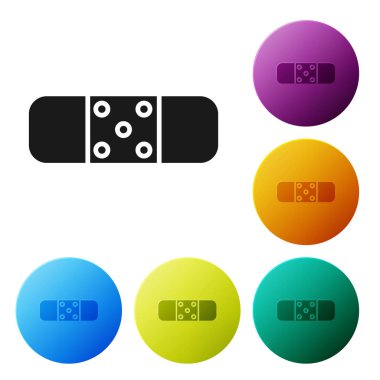 Beyaz arka planda izole siyah bandaj sıva simgesi. Tıbbi sıva, yapışkan bandaj, esnek kumaş bandaj. Simgeler renkli daire düğmelerini ayarlayın. Vektör Illustration