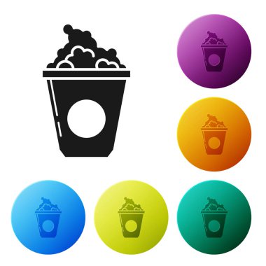 Siyah Popcorn karton kutu simgesi beyaz arka planda izole. Patlamış mısır kutusu. Simgeler renkli daire düğmelerini ayarlayın. Vektör Illustration