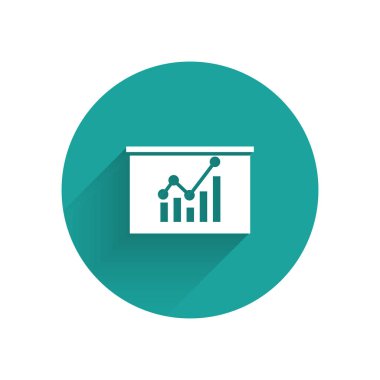 Uzun gölge ile izole grafik grafiği simgesi ile beyaz board. Rapor metin dosyası simgesi. Hesap işareti. Denetim, analiz, planlama. Yeşil daire düğmesi. Vektör Illustration