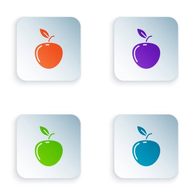 Beyaz arka planda izole renkli Apple simgesi. Yaprak sembollü meyve. Renkli kare düğmeleri simgeleri ayarlayın. Vektör Illustration