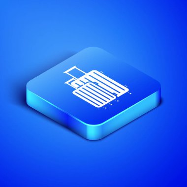 Mavi arka planda izole seyahat simgesi için izometrik bavul. Seyahat Bagaj işareti. Seyahat Bagaj simgesi. Mavi kare düğmesi. Vektör Illustration