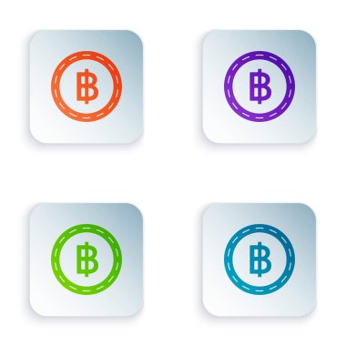 Beyaz arka planda izole renkli cryptocurrency sikke Bitcoin simgesi. Blockchain teknolojisi, Bitcoin, dijital para piyasası, kripoin cüzdanı. Renkli kare düğmeleri simgeleri ayarlayın. Vektör Illustration