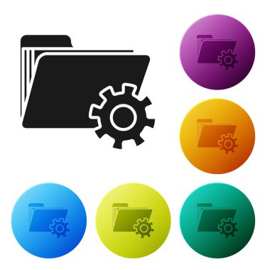 Beyaz arka planda izole dişli simgesi ile siyah klasör ayarları. Yazılım güncellemesi, Transfer Protokolü, takım çalışması aracı yönetimi. Simgeler renkli daire düğmelerini ayarlayın. Vektör Illustration