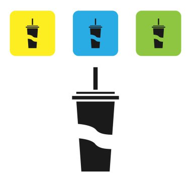 Siyah kağıt cam içme saman ve su simgesi beyaz arka planda izole. Soda içecek bardağı. Taze soğuk içecek sembolü. Set simgeleri renkli kare düğmeler. Vektör Illustration