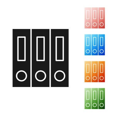 Beyaz arka planda yalıtılmış kağıtlar ve belgeler simgesi olan siyah ofis klasörleri. Ofis bağlayıcıları. Arşiv klasör işareti. Simgeler renkli ayarlayın. Vektör Illustration