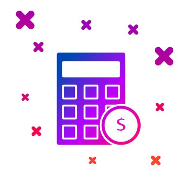 Beyaz arka planda izole dolar sembol simgesi ile renk hesap makinesi. Para tasarrufu konsepti. Muhasebe sembolü. Degrade rasgele dinamik şekiller. Vektör Illustration