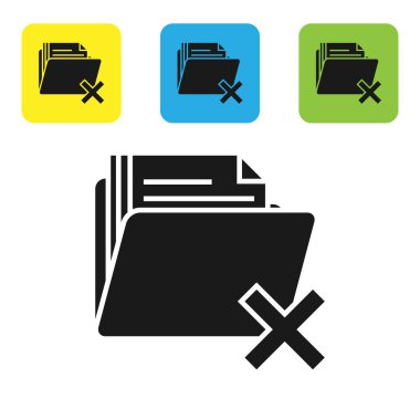 Siyah beyaz arka planda yalıtılmış klasör simgesini silin. Geri dönüşüm kutusu içeren klasör. Sil veya hata klasörü. Bilgisayar bilgileri klasörünü kapatın. Set simgeleri renkli kare düğmeler. Vektör Illustration