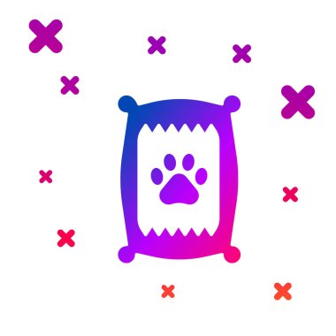 Beyaz arka planda izole köpek simgesi için gıda renk çantası. Köpek veya kedi pençe baskı. Hayvanlar için yiyecek. PET gıda paketi. Degrade rasgele dinamik şekiller. Vektör Illustration