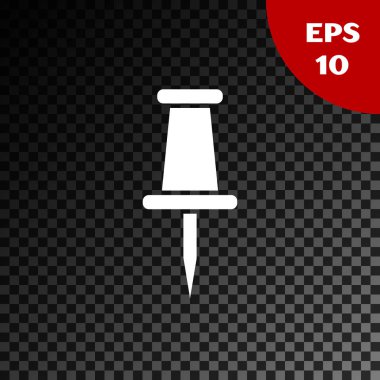 Beyaz Push pin simgesi şeffaf koyu arka planda yalıtılmış. Parmak izleri işareti. Vektör Illustration