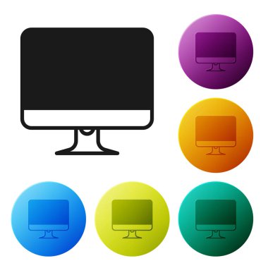 Siyah bilgisayar monitör ekran simgesi beyaz arka planda yalıtılmış. Elektronik cihaz. Ön görünüm. Simgeler renkli daire düğmelerini ayarlayın. Vektör Illustration
