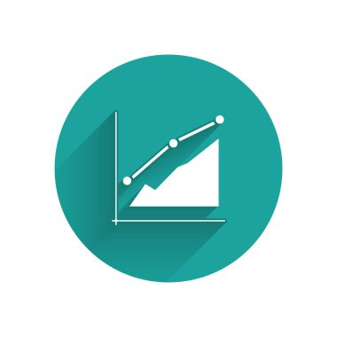 Beyaz pasta grafik Infographic simgesi uzun gölge ile yalıtılmış. Diyagram grafik işareti. Yeşil daire düğmesi. Vektör Illustration