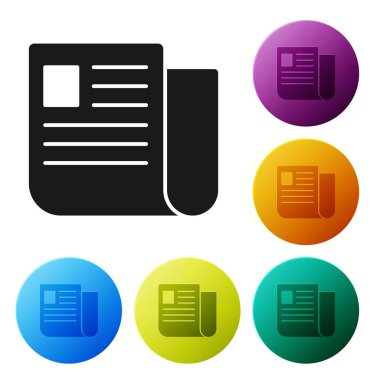 Siyah dosya belge simgesi beyaz arka planda yalıtılmış. Kontrol listesi simgesi. İş konsepti. Simgeler renkli daire düğmelerini ayarlayın. Vektör Illustration