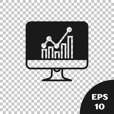 Siyah bilgisayar monitör grafik grafik simgesi şeffaf arka planda yalıtılmış. Rapor metin dosyası simgesi. Hesap işareti. Denetim, analiz, planlama. Vektör Illustration