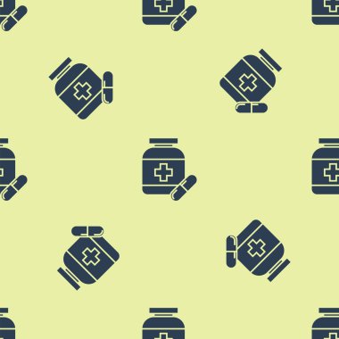 Mavi tıp şişe ve Pills simgesi izole Dikişsiz desen beyaz arka plan üzerinde. Şişe hap işareti. Eczane tasarımı. Vektör Illustration