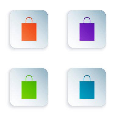 Beyaz arka planda izole renkli kağıt alışveriş çantası simgesi. Paket işareti. Renkli kare düğmeleri simgeleri ayarlayın. Vektör Illustration