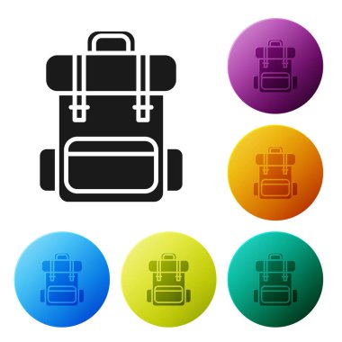 Siyah yürüyüş sırt çantası simgesi beyaz arka planda izole. Kamp ve dağ keşfetmek sırt çantası. Simgeler renkli daire düğmelerini ayarlayın. Vektör Illustration