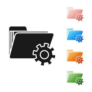 Beyaz arka planda izole dişli simgesi ile siyah klasör ayarları. Yazılım güncellemesi, Transfer Protokolü, takım çalışması aracı yönetimi. Simgeler renkli ayarlayın. Vektör Illustration