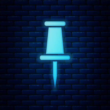 Parlak neon itme PIN simgesi tuğla duvar arka plan üzerinde izole. Raptiye işareti. Vektör çizim